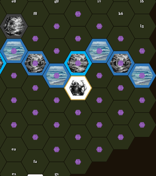 An archer stands on a hill — purple dots show the marker range of radius 3 instead of the usual 2